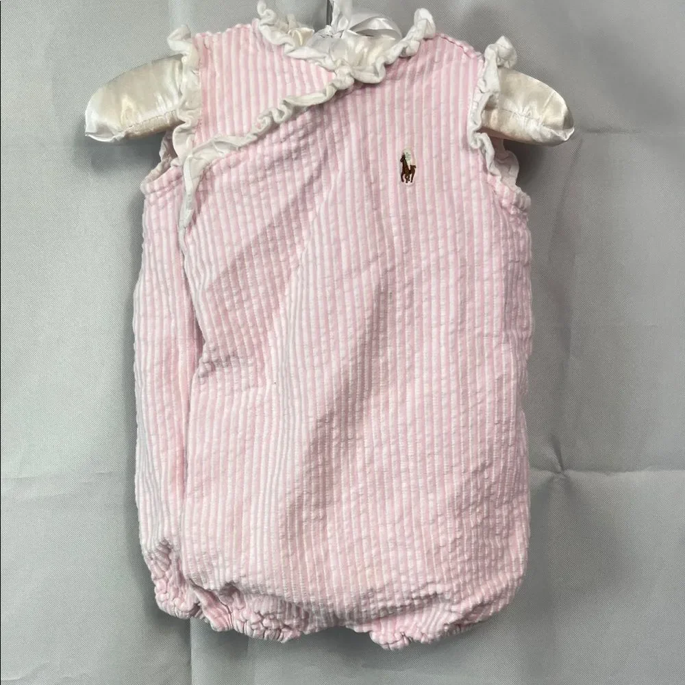 Ralph Lauren pink and white stripe sear sucker wrap bubble romper size 3 months